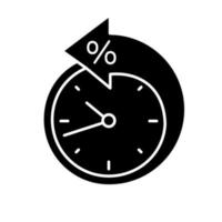 Back arrow around clock with percent glyph icon. Counterclockwise. Debt reschedule. Payment terms. Silhouette symbol. Negative space. Vector isolated illustration