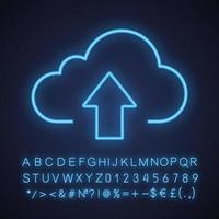 Cloud storage files uploading neon light icon. Cloud computing. Glowing sign with alphabet, numbers and symbols. Vector isolated illustration