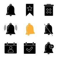 UI UX glyph icons set. Notifications, bookmark, delete forever, bell, mute, contact calendar, complete day, alarm. Silhouette symbols. Vector isolated illustration