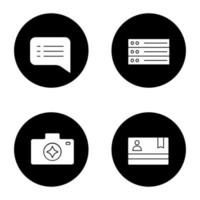 UI UX glyph icons set. Speech bubble, camera enhance, list, membership card. Vector white silhouettes illustrations in black circles