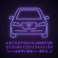 Smart car neon light icon. NFC auto. Intelligent vehicle. Self driving automobile. Autonomous car. Driverless vehicle. Glowing sign with alphabet, numbers and symbols. Vector isolated illustration