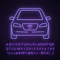 icono de luz de neón de coche inteligente. auto nfc vehículo inteligente. automóvil autónomo. coche autónomo. vehículo sin conductor signo brillante con alfabeto, números y símbolos. ilustración vectorial aislada vector