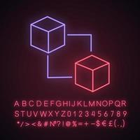 Blockchain technology neon light icon. Cryptocurrency. Fintech. E-commerce. Connected cubes. Glowing sign with alphabet, numbers and symbols. Vector isolated illustration