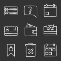 UI UX chalk icons set. List, live chat, event, membership card, pay, certificate, bookmark, delete, calendar. Isolated vector chalkboard illustrations