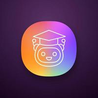 Machine learning app icon. Artificial intelligence. UI UX user interface. Teacher bot. Graduated robot. Chatbot. Bot in graduation hat. Web or mobile application. Vector isolated illustration