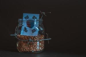 Wheat grain in a jar around barbed wire, the concept of sanctions and the crisis in South Korea, Problems with South Korea grain, the blockade of South Korea grain. photo