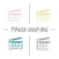 Clapperboard hand drawn icons set. Time code slate. Color brush stroke. Isolated vector sketchy illustrations