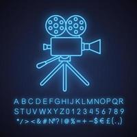 Movie camera neon light icon. Glowing sign with alphabet, numbers and symbols. Vector isolated illustration