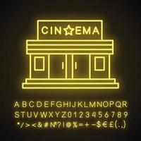 Cinema building neon light icon. Glowing sign with alphabet, numbers and symbols. Vector isolated illustration