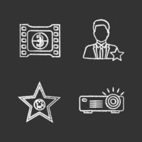 Cinema chalk icons set. Film frame with countdown, movie star, actor, projector. Isolated vector chalkboard illustrations