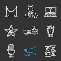 Cinema chalk icons set. Red carpet, actor, screen, movie star, projector, popcorn, mic, megaphone, stereo system. Isolated vector chalkboard illustrations