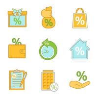 Percents color icons set. Discount offer, sale, saving money, payment term, mortgage, financial document, interest rate. Isolated vector illustrations