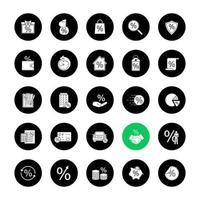 Percents glyph icons set. Discount offers, real estate mortgages, banking, saving money. Vector white silhouettes illustrations in black circles