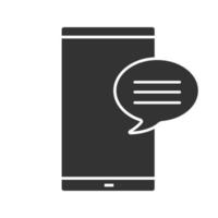 Smartphone with speech bubble glyph icon. SMS, notification, message. Online chat. Forum. Silhouette symbol. Negative space. Vector isolated illustration