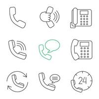 Phone communication linear icons set. Handset, incoming call, landline phone, voice message, call back, hotline. Thin line contour symbols. Isolated vector outline illustrations