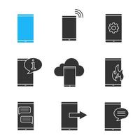 Phone communication glyph icons set. Smartphone, incoming call, settings, info chat, cloud storage, emergency, sms, data transfer, message. Silhouette symbols. Vector isolated illustration