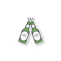 Toasting beer bottles patch. Cheers. Two beer bottles. Color sticker. Vector isolated illustration