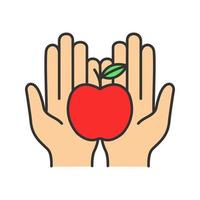 Eco products color icon. Food donation. Healthy nutrition. Organic food. Open palms with apple. Isolated vector illustration
