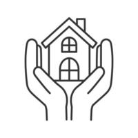 Affordable housing linear icon. Shelter for homeless. Real estate insurance. Thin line illustration. Hands holding house. Contour symbol. Vector isolated outline drawing