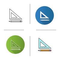 Triangular ruler with pencil icon. Drafting. Flat design, linear and color styles. Isolated vector illustrations