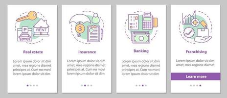 Commercial services onboarding mobile app page screen with linear concepts. Real estate, insurance, banking, franchising steps graphic instructions. UX, UI, GUI vector template with illustrations