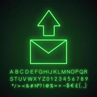 Send message neon light icon. Email letter. Send sms. Glowing sign with alphabet, numbers and symbols. Vector isolated illustration