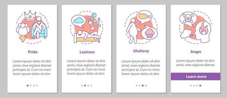 Deadly sins onboarding mobile app page screen with linear concepts. Pride, laziness, gluttony, anger steps graphic instructions. UX, UI, GUI vector template with illustrations