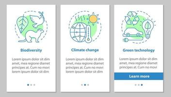 Ecology onboarding mobile app page screen with linear concepts. Climate changing, biodiversity, green technology steps graphic instructions. UX, UI, GUI vector template with illustrations