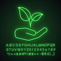 Open hand with sprout neon light icon. Environment protection. Agriculture. SGlowing sign with alphabet, numbers and symbols. Vector isolated illustration