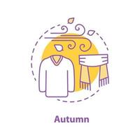 Autumn season concept icon. Cold windy weather idea thin line illustration. Warm sweater and scarf. Vector isolated outline drawing