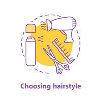 Choosing hairstyle concept icon. Hairdressing idea thin line illustration. Hair dryer, spray, scissors and comb. Vector isolated outline drawing