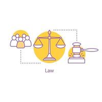 Law concept icon. Jury trial. Justice, jurisdiction idea thin line illustration. Gavel, scales of justice. Vector isolated outline drawing