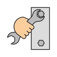 Hand holding wrench color icon. Double open ended spanner turning bolt. Isolated vector illustration