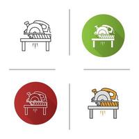 Circular saw cutting wooden plank icon. Disc saw. Flat design, linear and color styles. Isolated vector illustrations