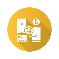 Digital bitcoin wallet flat design long shadow glyph icon. Online cryptocurrency transactions. Cashless payment. Vector silhouette illustration