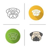 Pug icon. Mops. Companion dog breed. Flat design, linear and color styles. Isolated vector illustrations