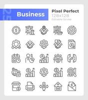 Conjunto de iconos lineales perfectos de píxeles de gestión empresarial. marketing y ventas. símbolos de línea fina personalizables. ilustraciones aisladas de contorno vectorial. trazo editable. vector