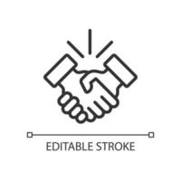 Handshake pixel perfect linear icon. Business etiquette. Shaking hands. Deal making. Company meeting. Thin line illustration. Contour symbol. Vector outline drawing. Editable stroke.