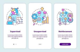 Categories of machine learning onboarding mobile app screen. Walkthrough 3 steps graphic instructions pages with linear concepts. UI, UX, GUI template. vector