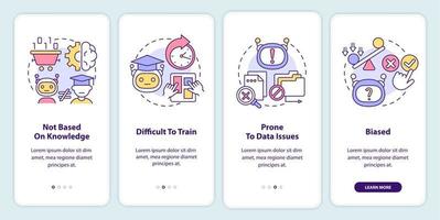 Drawbacks of machine learning onboarding mobile app screen. Walkthrough 4 steps graphic instructions pages with linear concepts. UI, UX, GUI template. vector