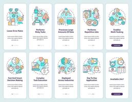 Artificial intelligence onboarding mobile app screen set. Advantages walkthrough 5 steps graphic instructions pages with linear concepts. UI, UX, GUI template. vector