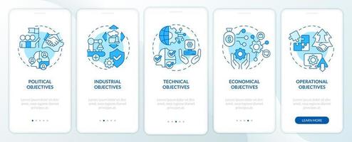 World cooperation objectives blue onboarding mobile app screen. Goals walkthrough 5 steps graphic instructions pages with linear concepts. UI, UX, GUI template. vector