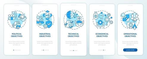 objetivos de cooperación mundial pantalla de aplicación móvil de incorporación azul. tutorial de objetivos páginas de instrucciones gráficas de 5 pasos con conceptos lineales. interfaz de usuario, ux, plantilla de interfaz gráfica de usuario. vector