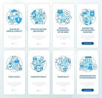 conjunto de pantalla de aplicación móvil de incorporación azul de trabajo global médico y empresarial. tutorial 4 pasos páginas de instrucciones gráficas con conceptos lineales. interfaz de usuario, ux, plantilla de interfaz gráfica de usuario. vector