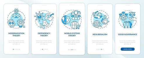 Society theories blue onboarding mobile app screen. Global process walkthrough 5 steps graphic instructions pages with linear concepts. UI, UX, GUI template. vector