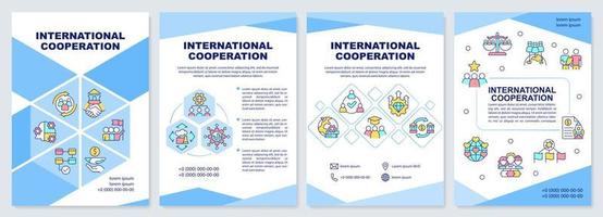 International cooperation blue brochure template. World relations. Leaflet design with linear icons. 4 vector layouts for presentation, annual reports.