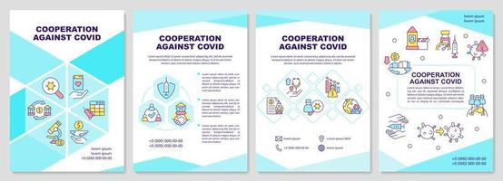 Cooperation against covid blue brochure template. Global medicine. Leaflet design with linear icons. 4 vector layouts for presentation, annual reports.