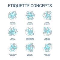 Etiquette turquoise concept icons set. Set of rules and norms. Ethical behavior idea thin line color illustrations. Isolated symbols. Editable stroke. vector