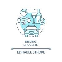 Driving etiquette turquoise concept icon. Rules and ethical code. Type of etiquette abstract idea thin line illustration. Isolated outline drawing. Editable stroke.