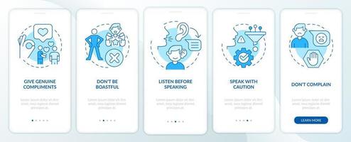 Basic etiquette rules blue onboarding mobile app screen. Set of norms walkthrough 5 steps graphic instructions pages with linear concepts. UI, UX, GUI template. vector